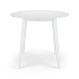 White round drop leaf table front view, folded edges, tapered legs on white background.
