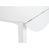 Close-up of white table drop leaf mechanism showing metal hinges and edge detail on white background.