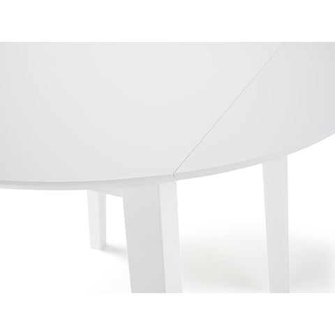 Close-up of white table drop leaf edge and leg connection showing smooth finish on white background.