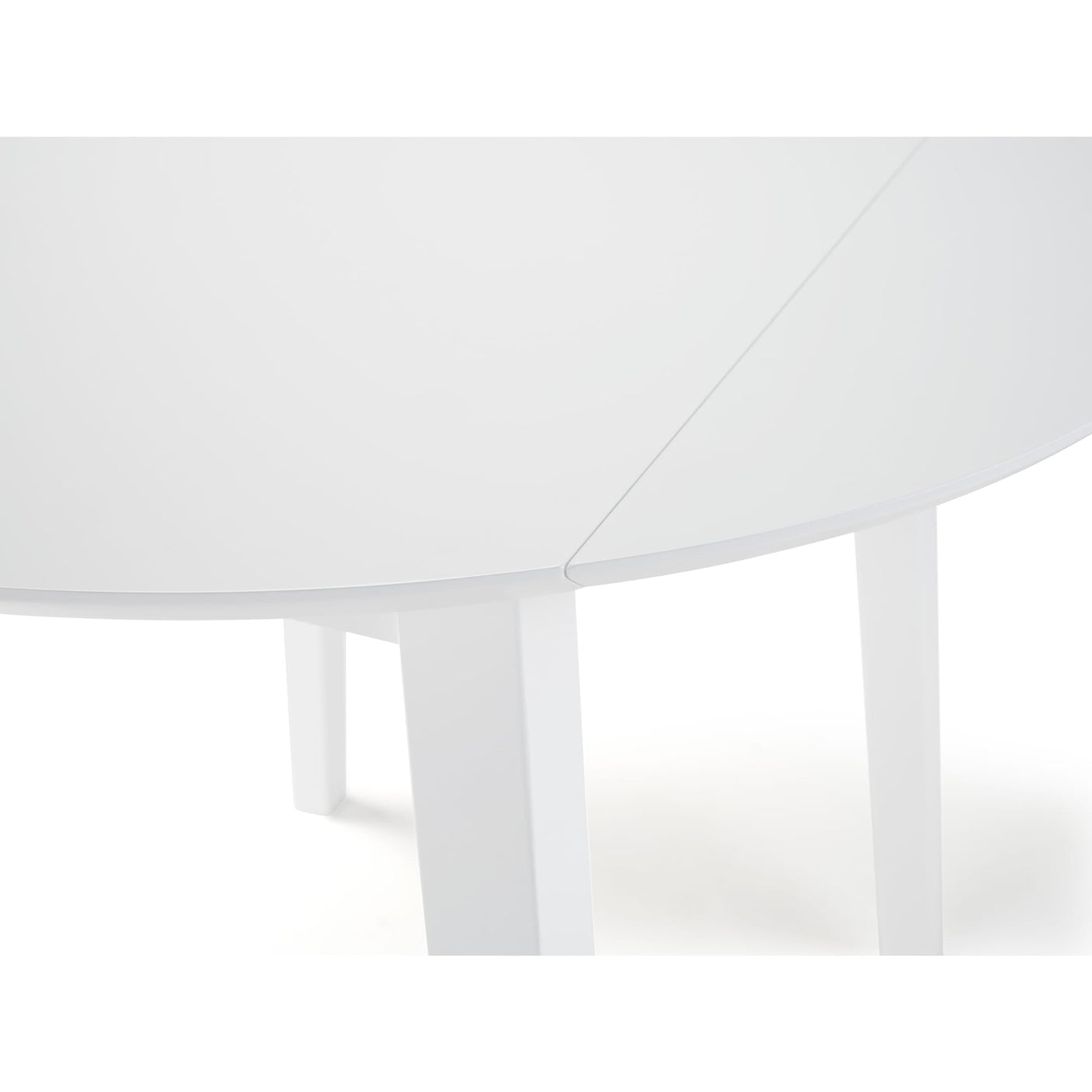 Close-up of white table drop leaf edge and leg connection showing smooth finish on white background.
