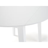 Close-up of white table drop leaf edge and leg connection showing smooth finish on white background.