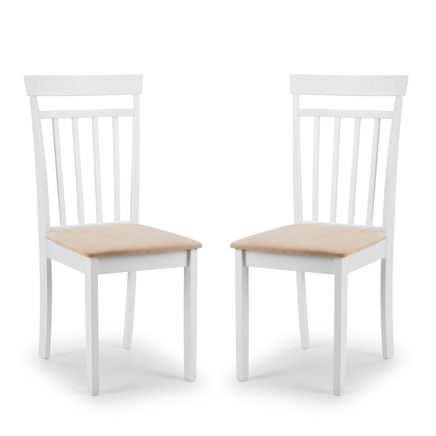 Pair of white wooden dining chairs with beige cushioned seats on white background.