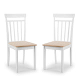 Pair of white wooden dining chairs with beige cushioned seats on white background.