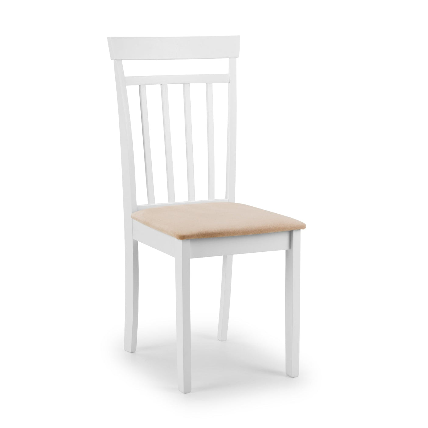 Single white wooden dining chair with beige cushioned seat angled right on white background
