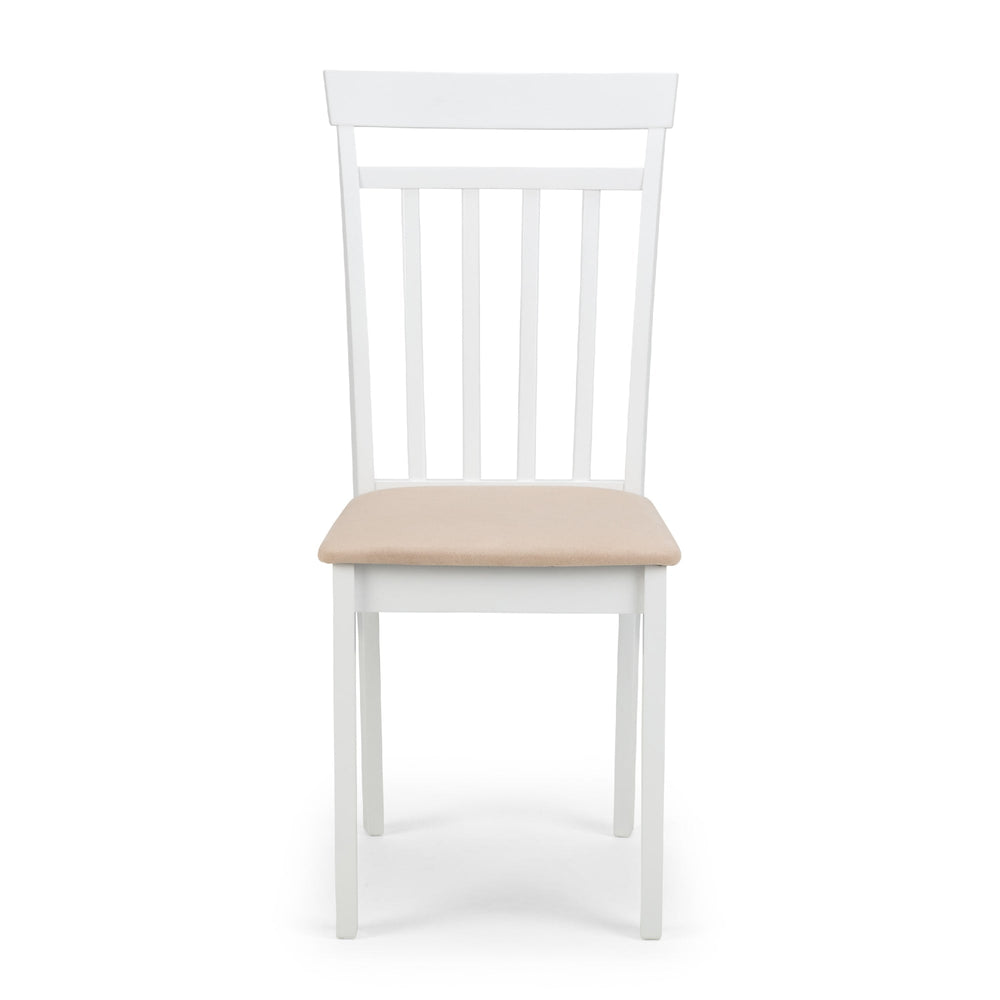 White wooden dining chair with beige cushioned seat straight front view on white background