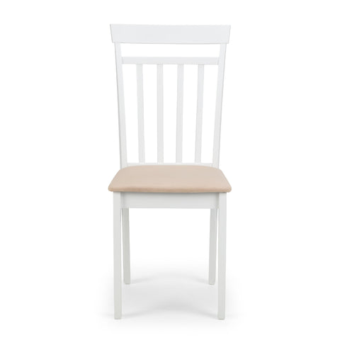 White wooden dining chair with beige cushioned seat straight front view on white background