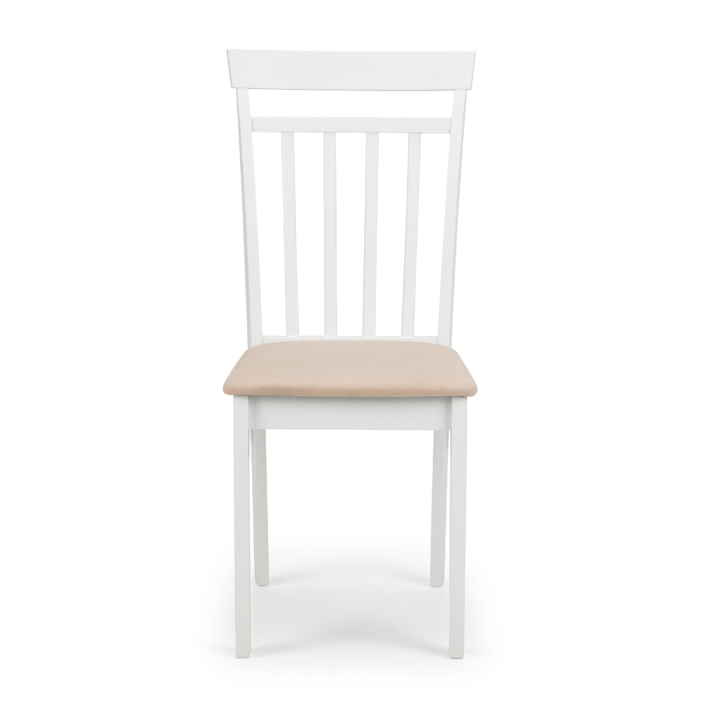 White wooden dining chair with beige cushioned seat straight front view on white background