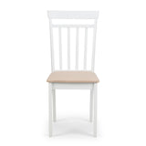 White wooden dining chair with beige cushioned seat straight front view on white background