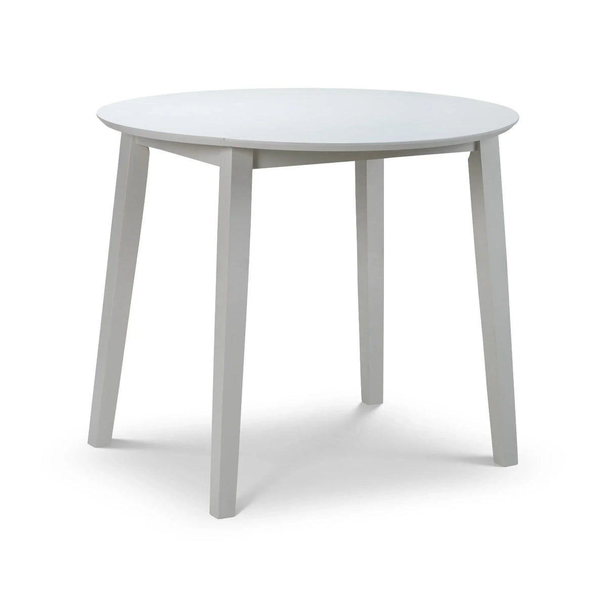 Coast grey dropleaf dining table with round top and four angled legs on white background