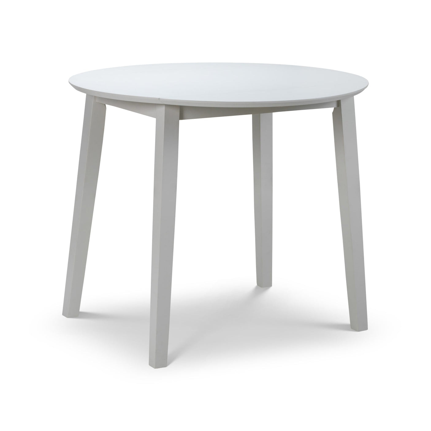 Round white wooden table with all dropleaf sections unfolded