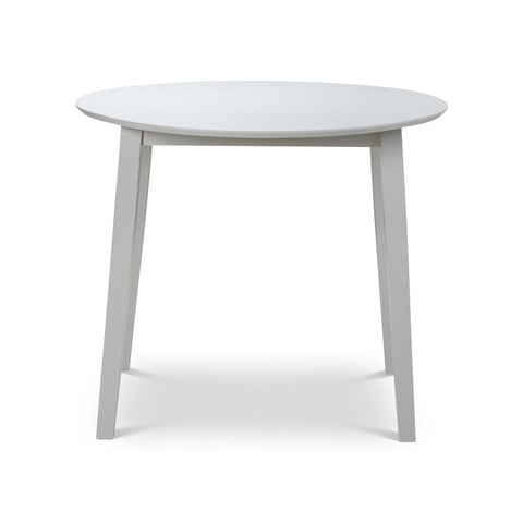 Round white wooden table with angled legs on white background
