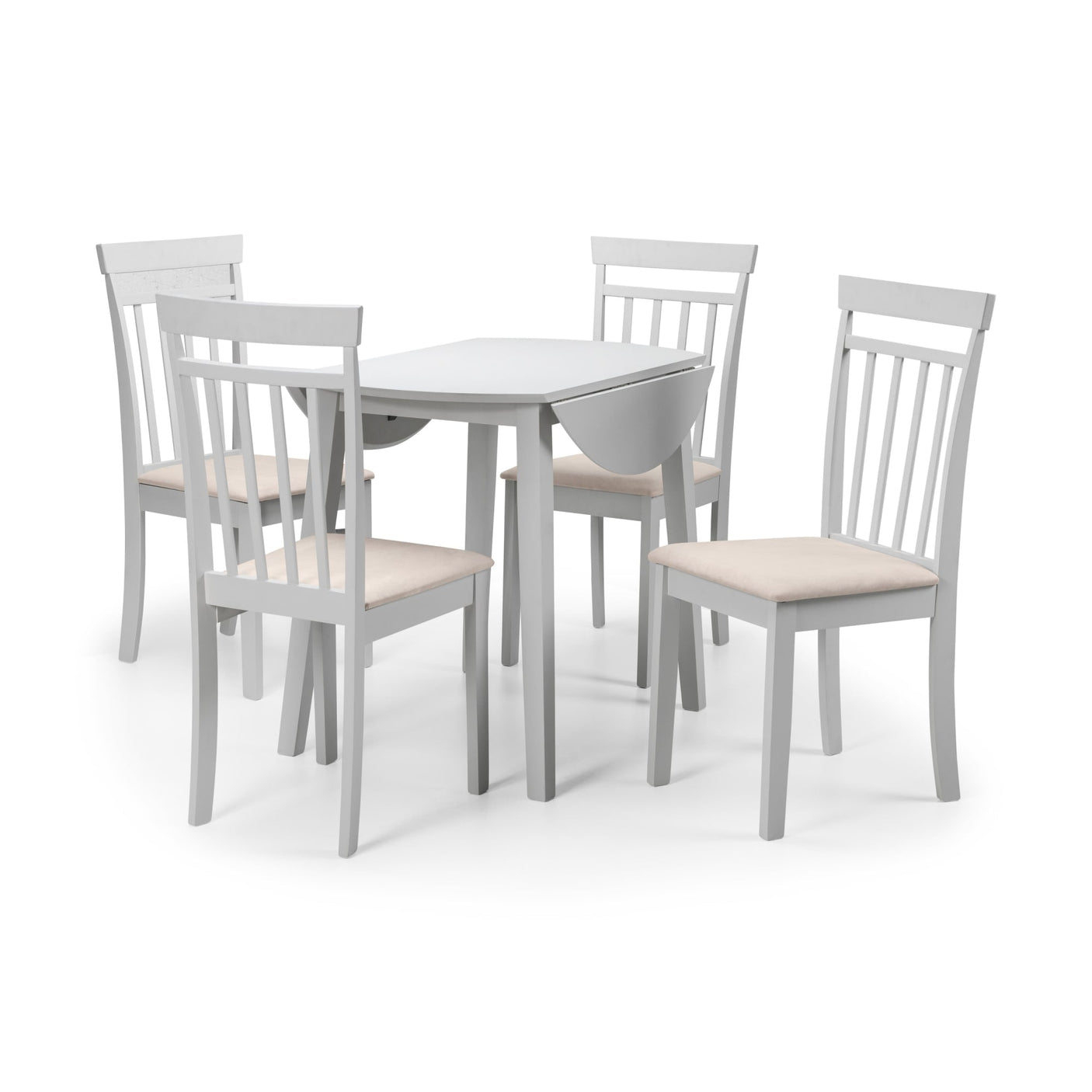 White round Coast dropleaf table with leaf dropped surrounded by four white wood chairs with cream cushions