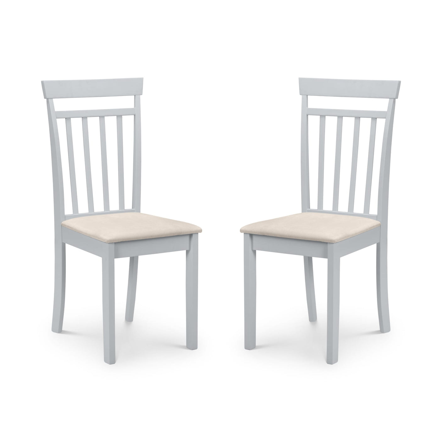 Pair of white dining chairs with vertical slat backs and beige upholstered seats, angled view on white background.