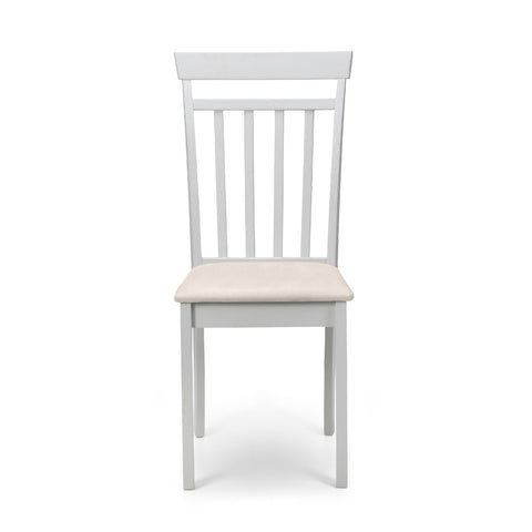 Single white dining chair with slatted back and beige upholstered seat, front view on white background.