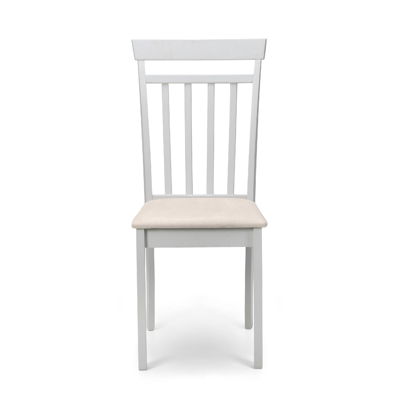 Single white dining chair with slatted back and beige upholstered seat, front view on white background.