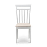 Single white dining chair with slatted back and beige upholstered seat, front view on white background.