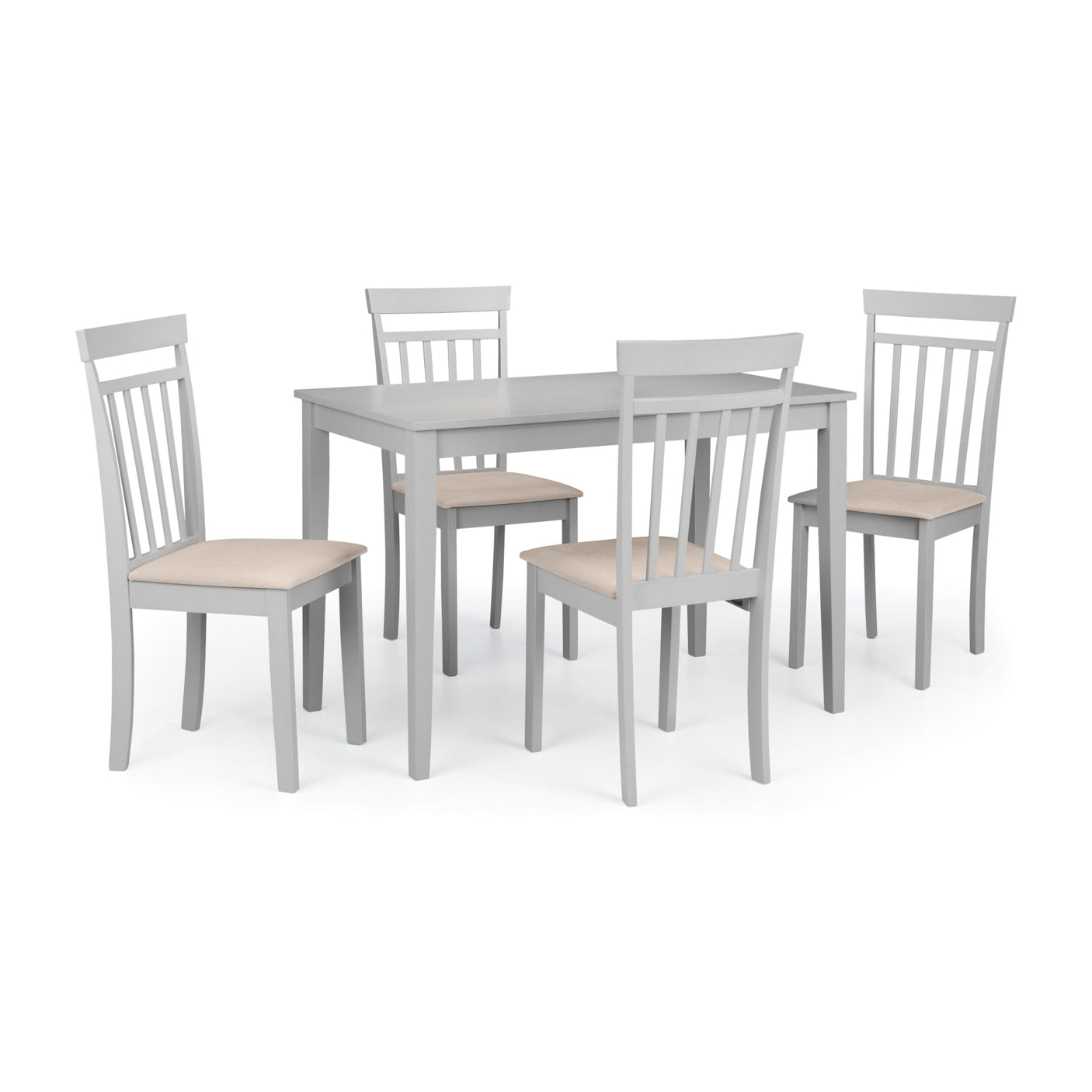 Two white dining chairs with beige seats shown beside round white dining table near window over wood flooring.