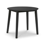 Round black wooden table with angled legs on white background