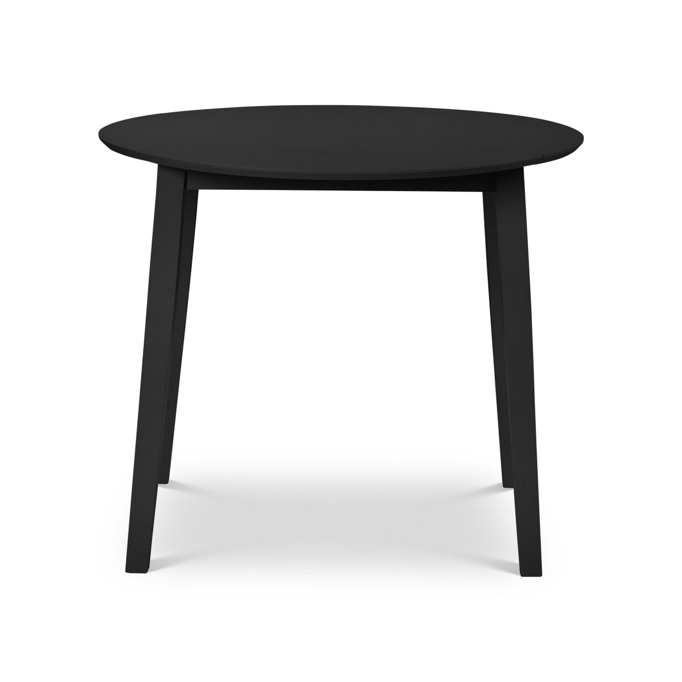 Black round wooden table with four straight legs isolated on white background