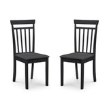 Two black wooden dining chairs with vertical slats and dark grey cushioned seats, side view