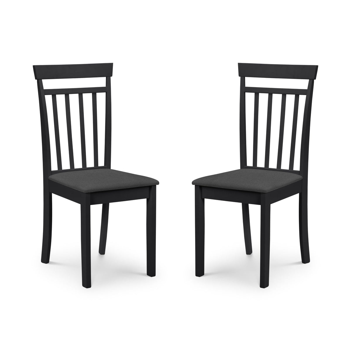 Two black wooden dining chairs with vertical slats and dark grey cushioned seats, side view