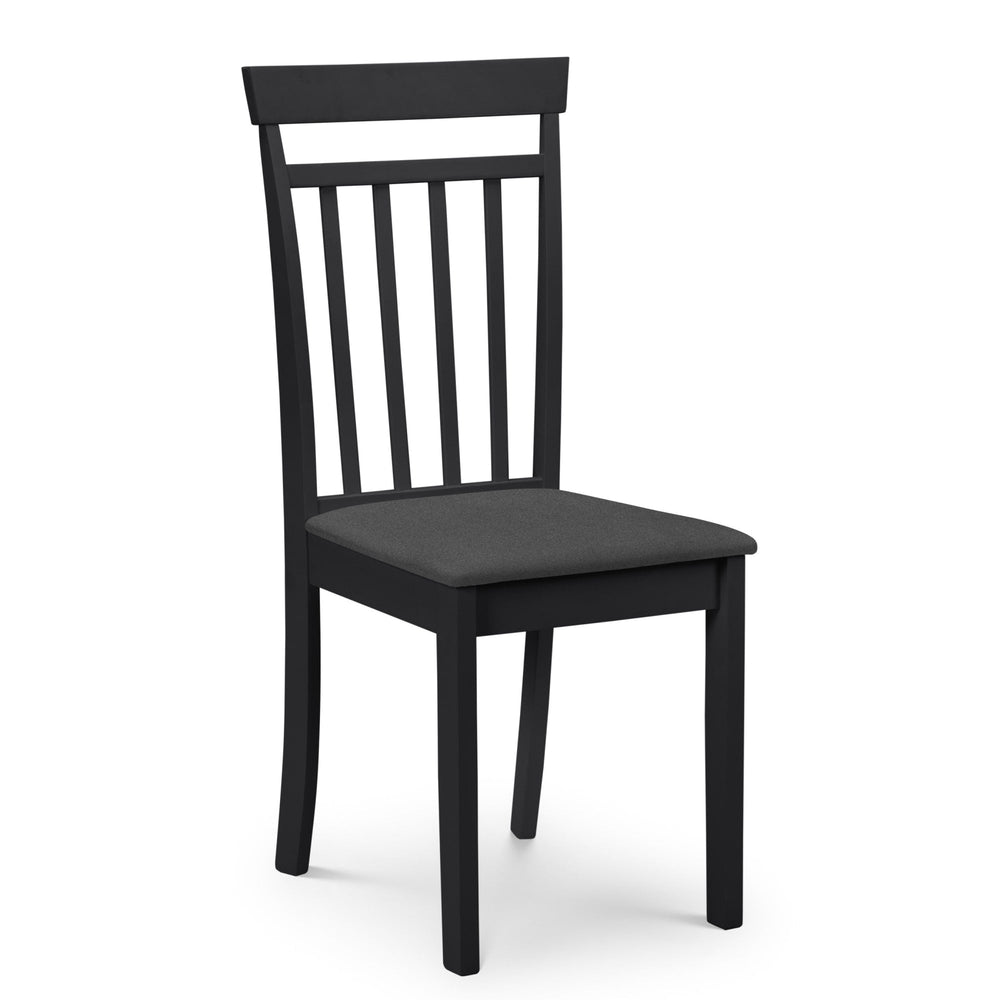 Single black wooden dining chair with vertical slats and cushioned dark seat against white background