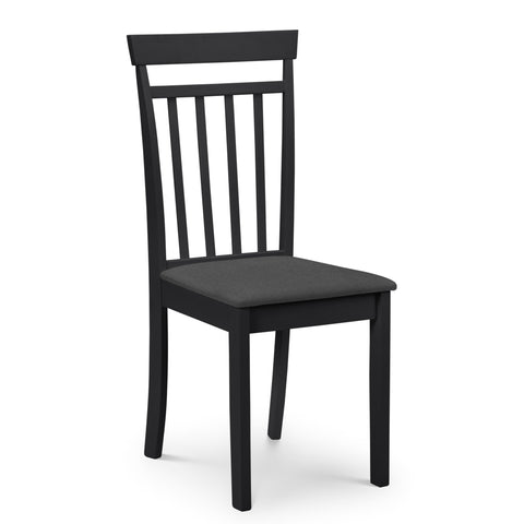 Single black wooden dining chair with vertical slats and cushioned dark seat against white background