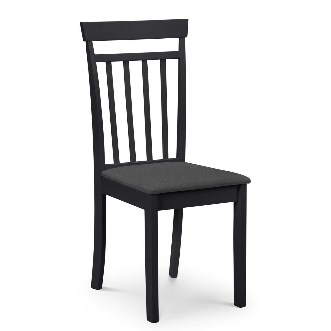 Single black wooden dining chair with vertical slats and cushioned dark seat against white background