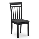 Single black wooden dining chair with vertical slats and cushioned dark seat against white background