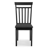 Front view of a black wooden dining chair with vertical slats and a cushioned dark seat against white background