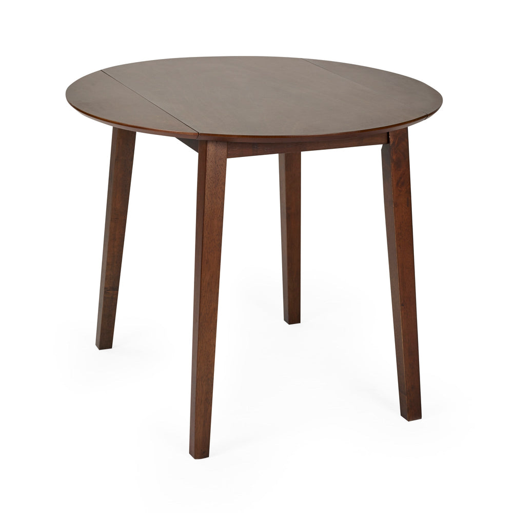Brown round wooden table with both drop leaves folded down isolated on white background
