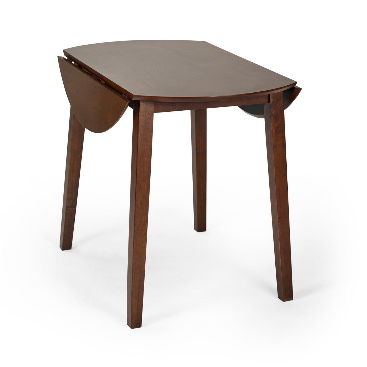 Brown wooden table with both drop leaves extended isolated on white background showing rectangular shape