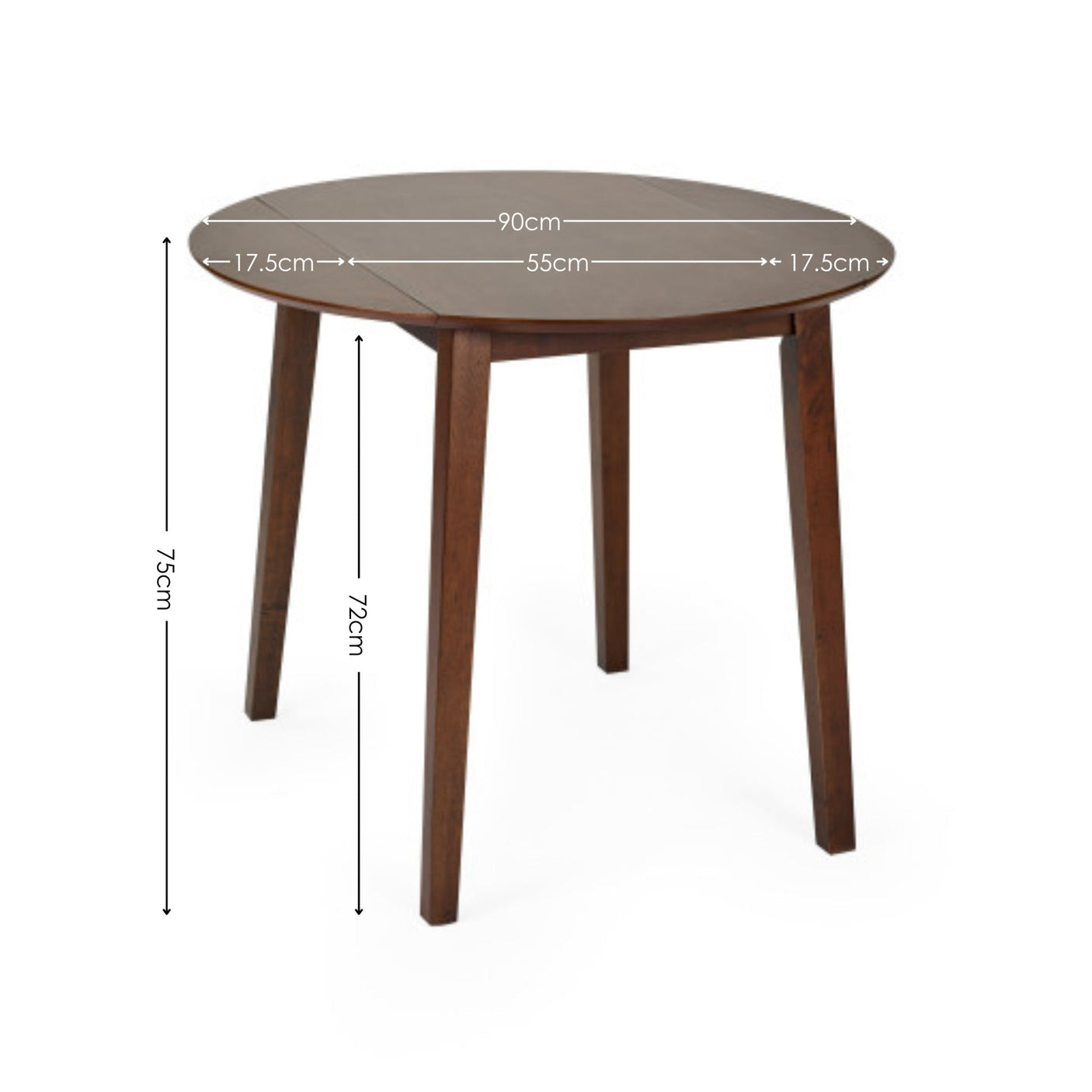 Round dark wood dropleaf table with measurements indicated, tapered legs on white background