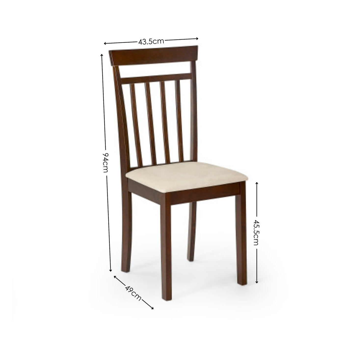 Dark wood dining chair with vertical slat back and beige cushion with dimensions labeled on white background