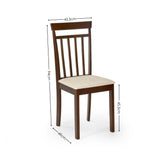 Dark wood dining chair with vertical slat back and beige cushion with dimensions labeled on white background