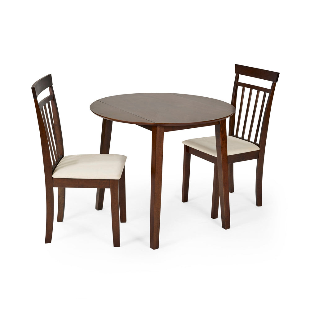 Two dark wood dining chairs with beige cushions positioned around small round dark wood dining table