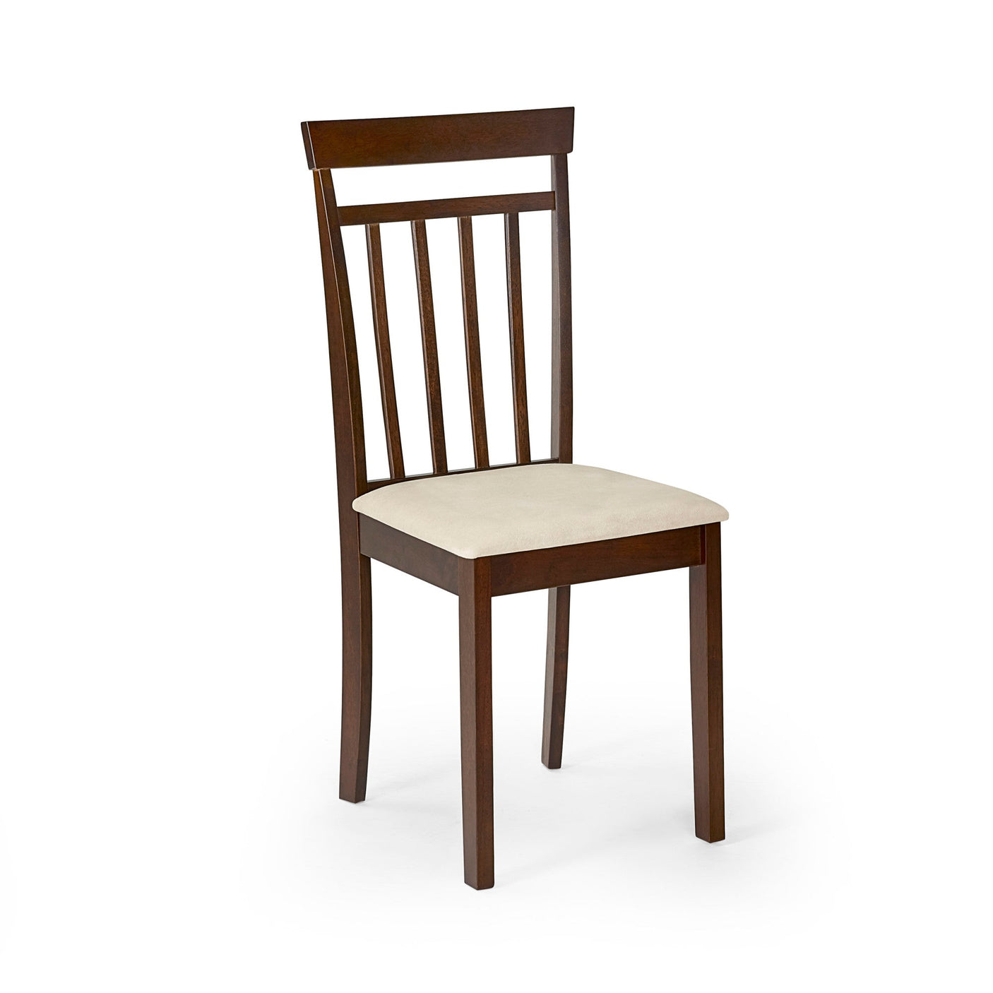 Pair of brown wooden dining chairs with beige cushioned seats isolated on white background
