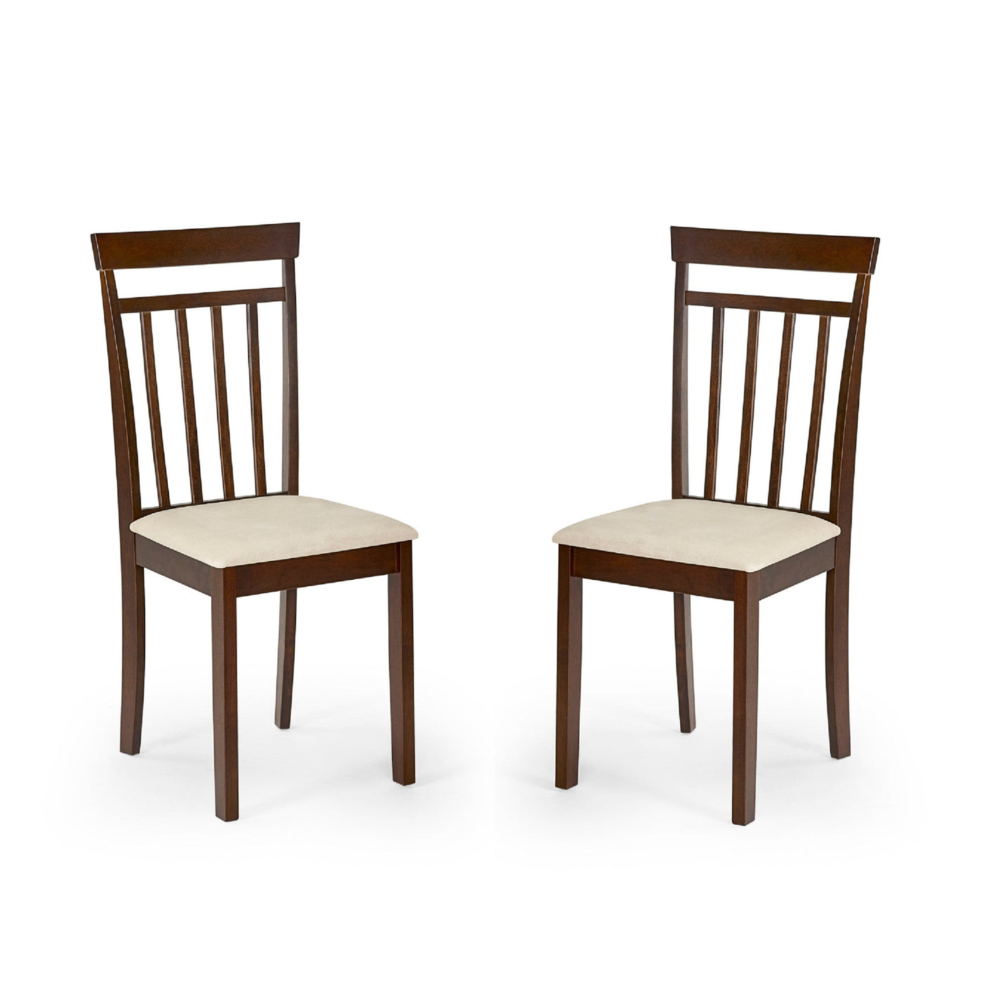 Front view of brown wooden dining chair with beige cushioned seat isolated on white background