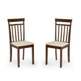 Front view of brown wooden dining chair with beige cushioned seat isolated on white background