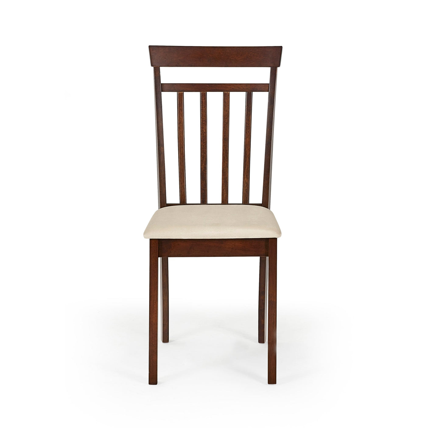 Close-up of beige cushioned seat on brown wooden dining chair with wood grain floor background