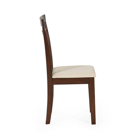 Side view of brown wooden dining chair with beige cushioned seat on white background