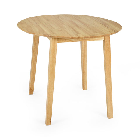 Round natural wood dropleaf table with four legs angled outward on white background
