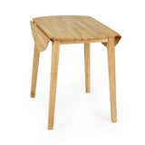 Square natural wood dropleaf table with both side leaves folded down on white background