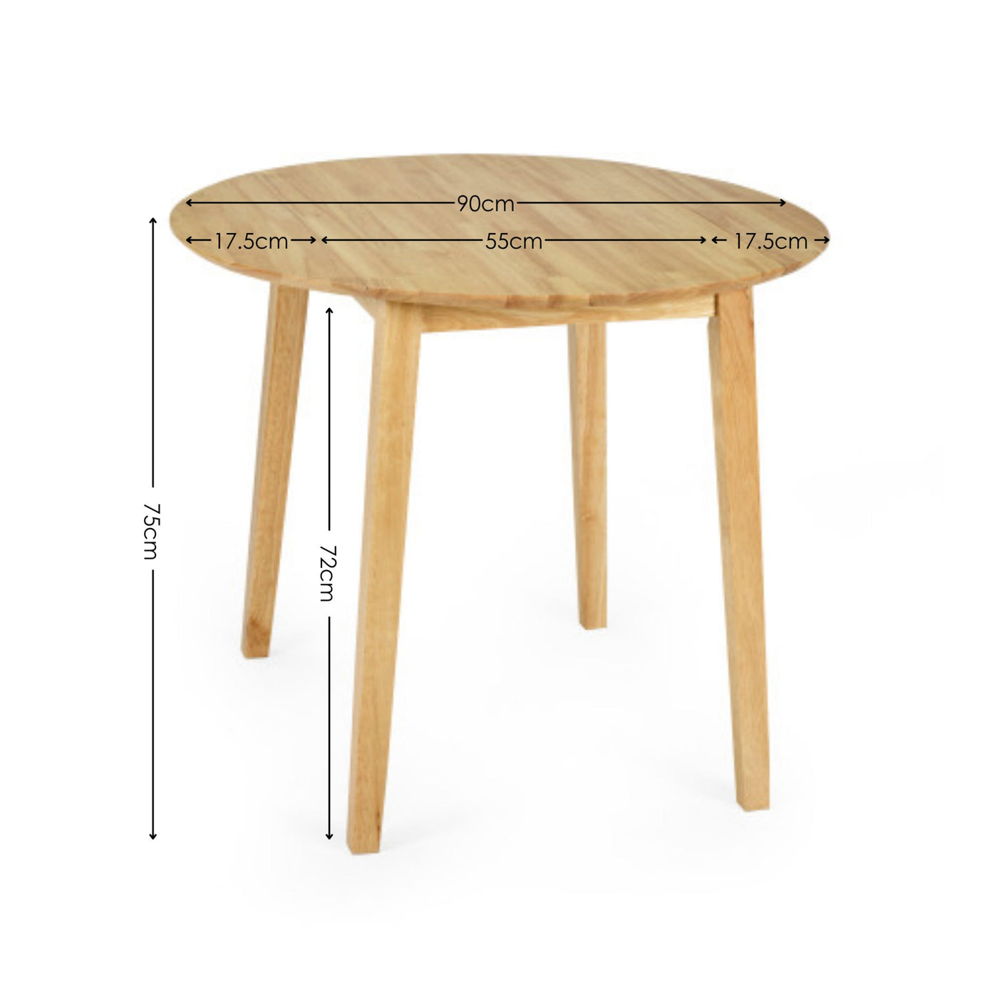 Natural wood dropleaf table with measurements labeled, showing dimensions of leaves and height