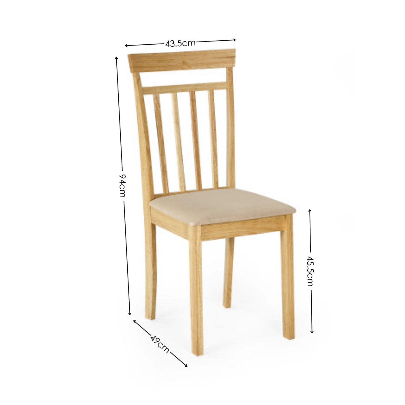 Wooden dining chair with beige seat showing dimensions: 94cm high, 43.5cm wide, 49cm deep, seat height 45.5cm
