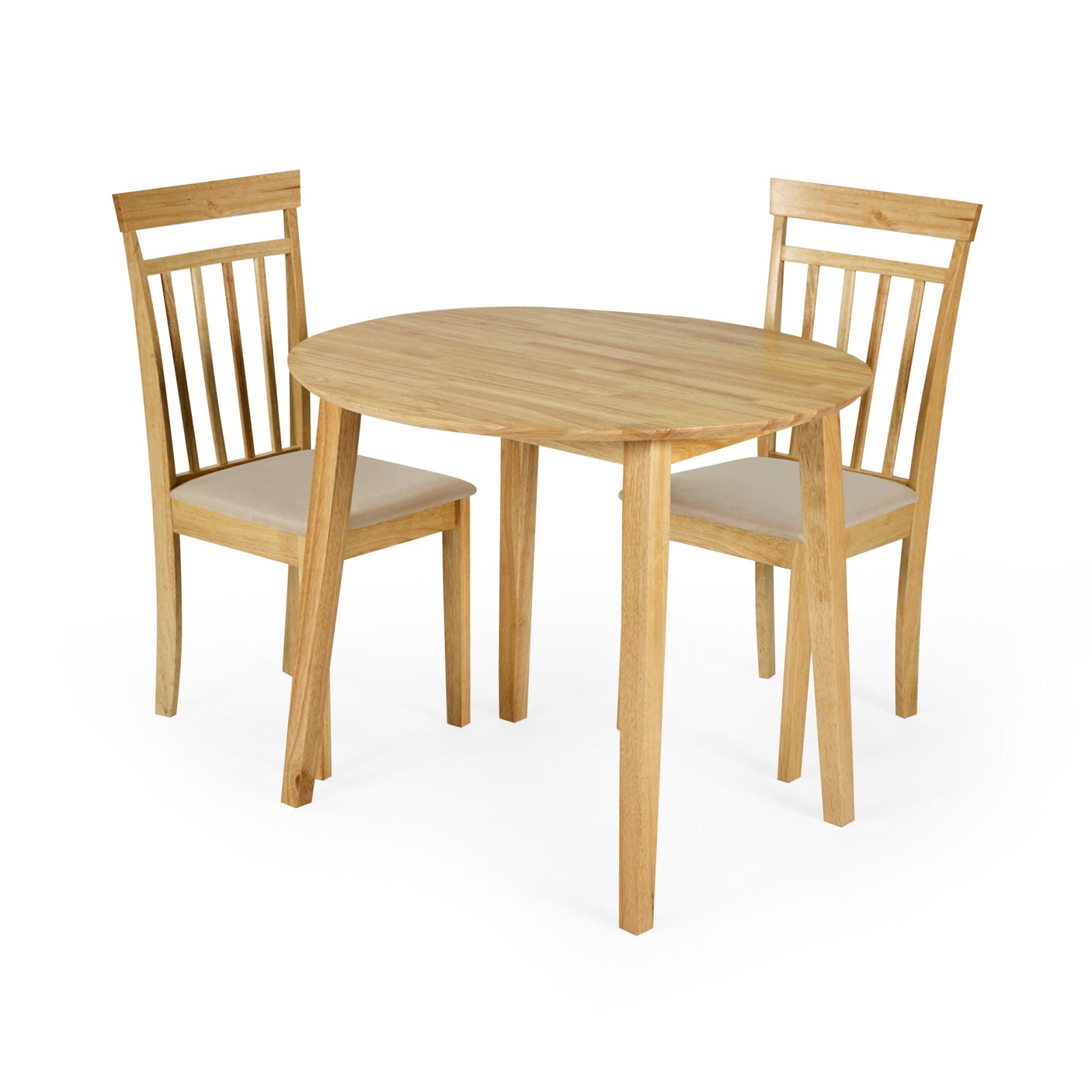 Two light wood dining chairs with beige padded seats and a round wooden table on white background