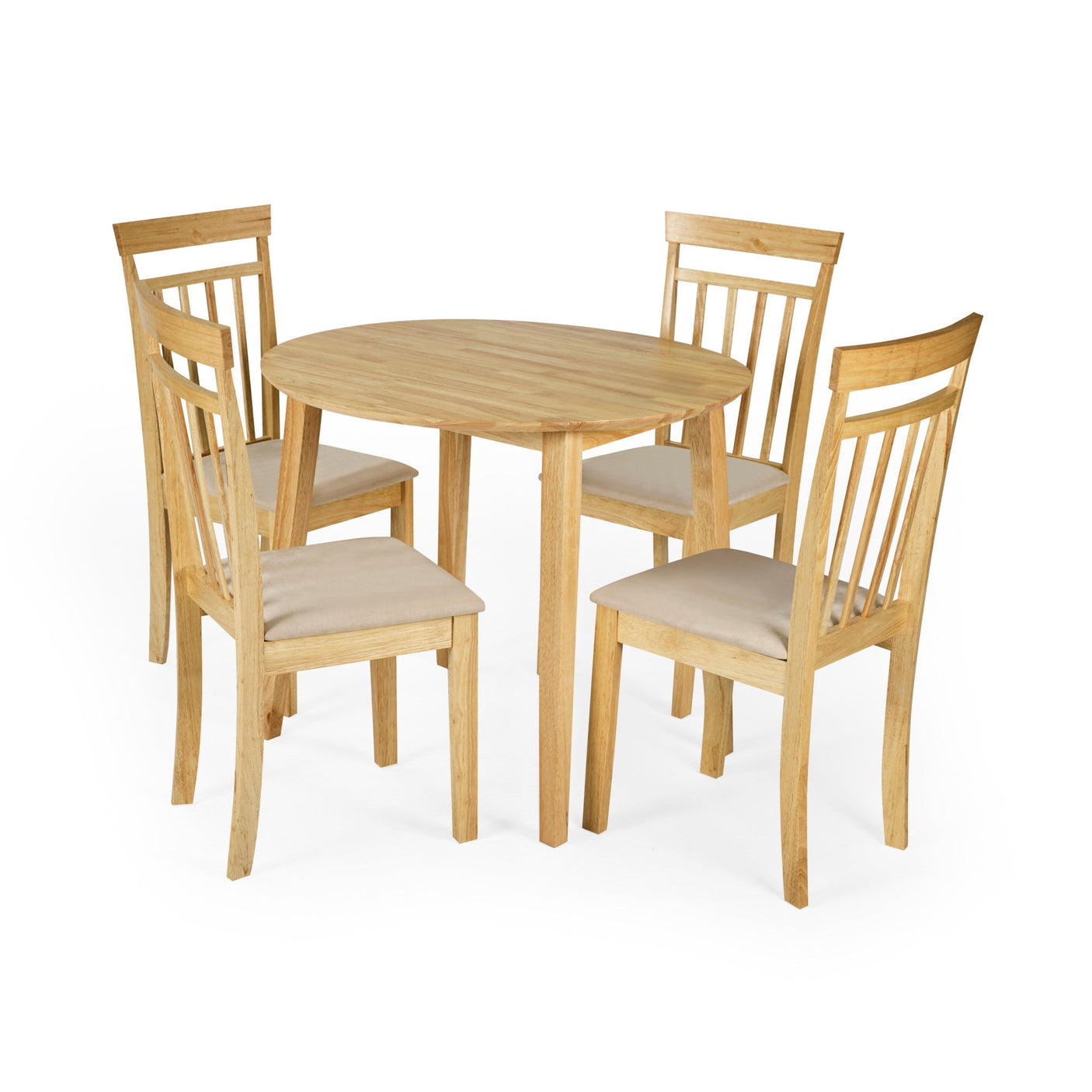 Set of four light wood dining chairs with beige padded seats arranged around a round wooden table