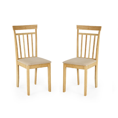 Pair of identical wooden dining chairs with vertical slat backs and beige cushioned seats, facing forward