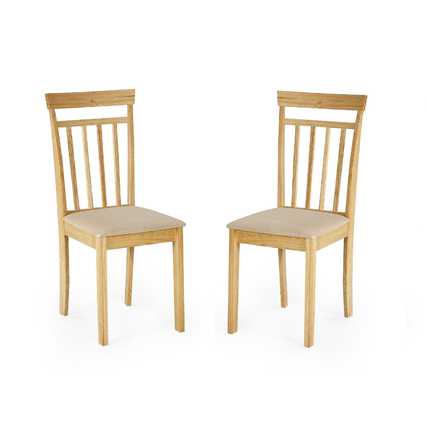 Pair of identical wooden dining chairs with vertical slat backs and beige cushioned seats, facing forward