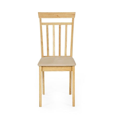 Front view of single wooden dining chair with vertical slats and beige cushioned seat